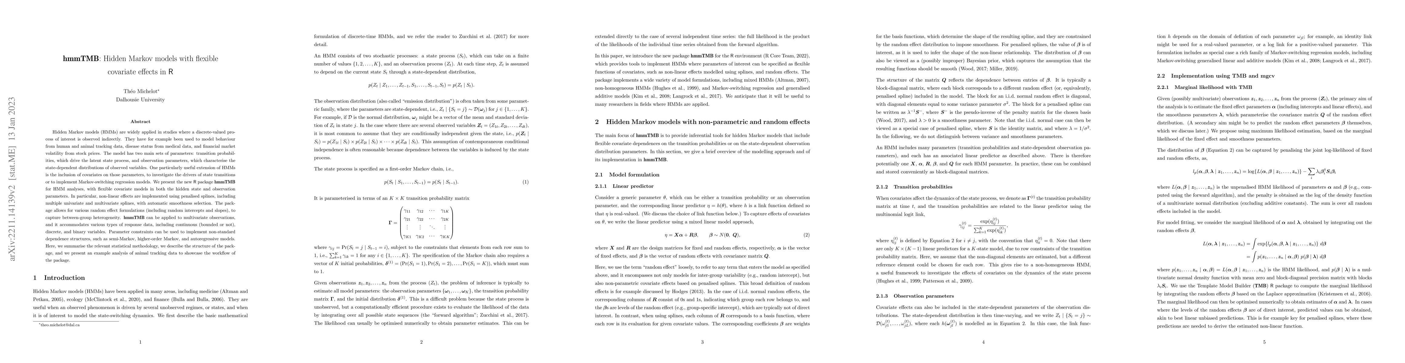 Thumbnail for hmmTMB: Hidden Markov models with flexible covariate effects in R