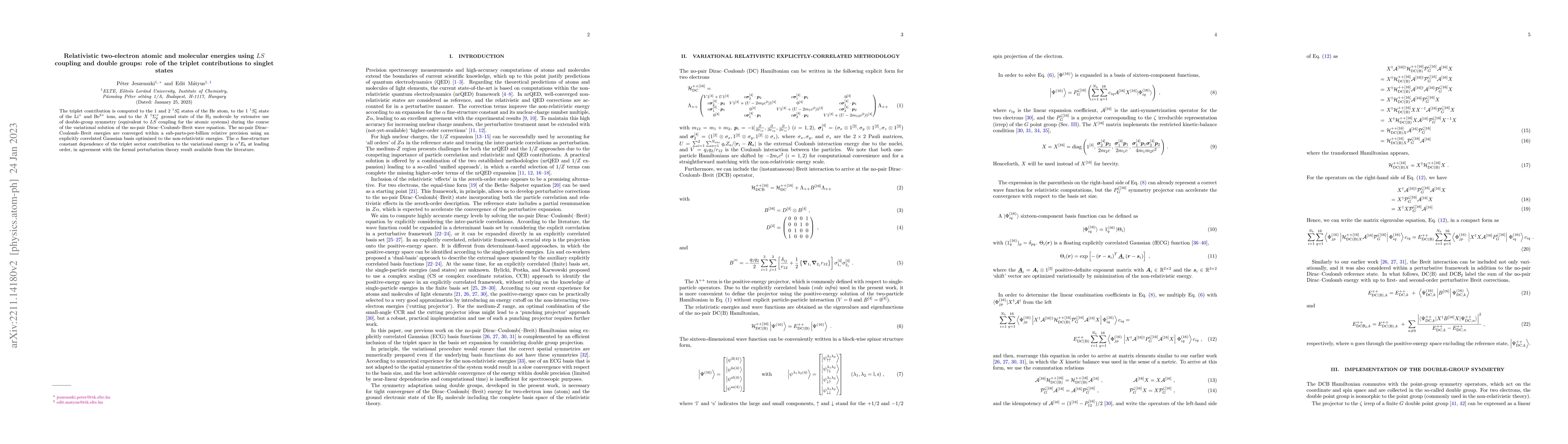 Thumbnail for Relativistic two-electron atomic and molecular energies using $LS$
  coupling and double groups: role of the triplet contributions to singlet
  states