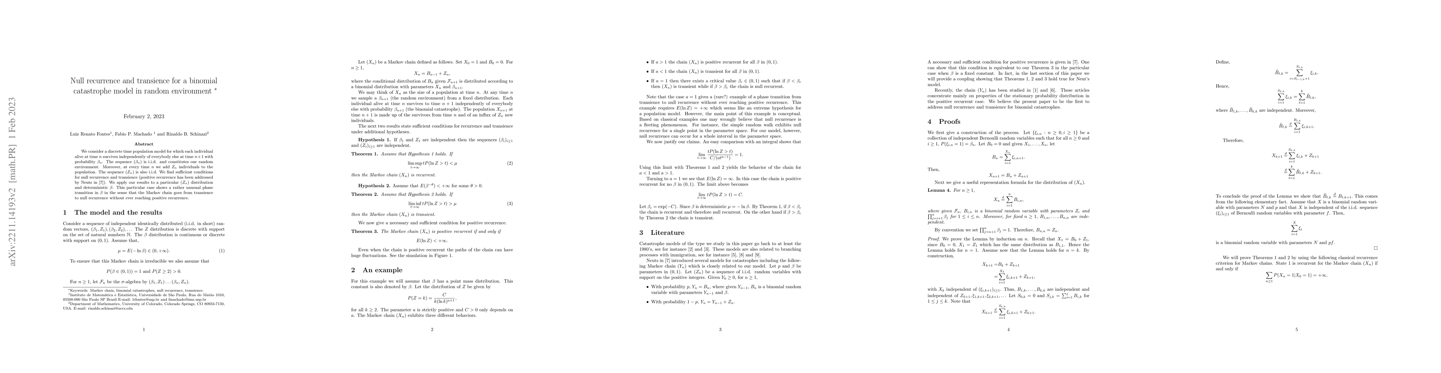 Thumbnail for Null recurrence and transience for a binomial catastrophe model in
  random environment