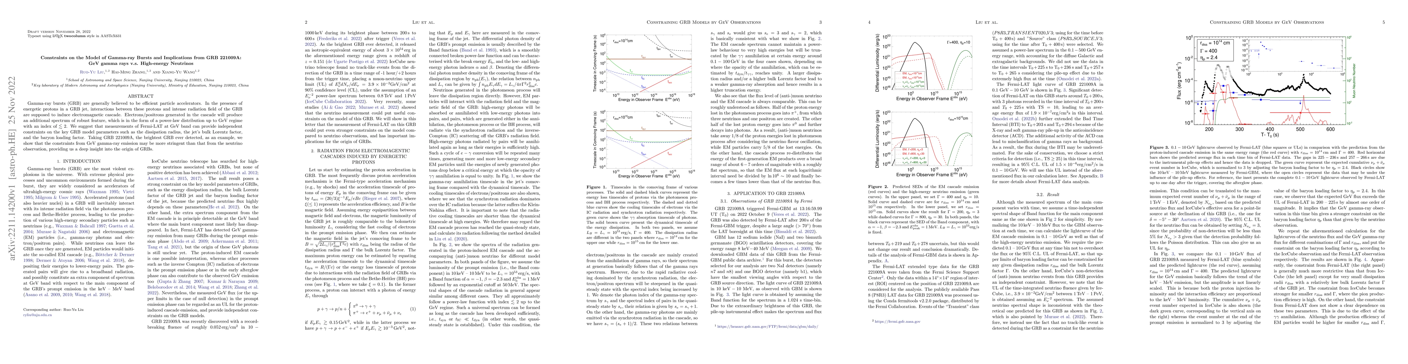 Thumbnail for Constraints on the Model of Gamma-ray Bursts and Implications from GRB
  221009A: GeV gamma rays v.s. High-energy Neutrinos