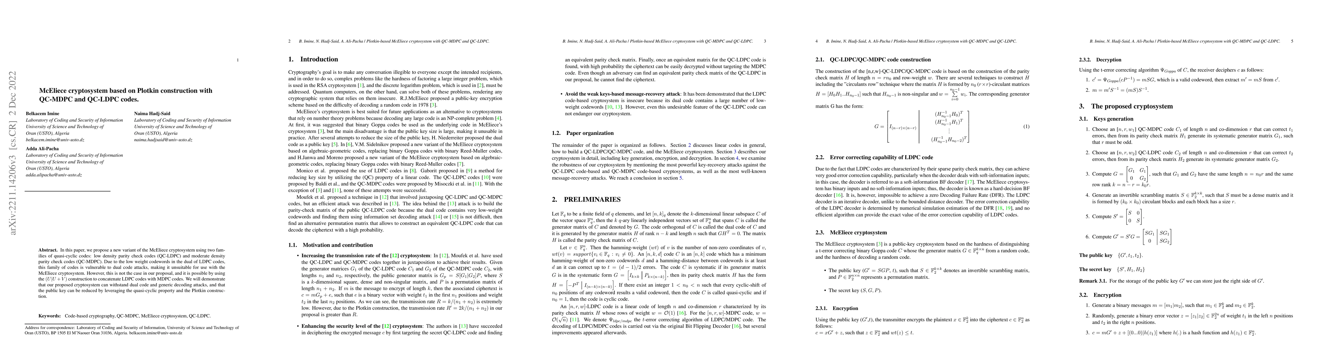 Thumbnail for McEliece cryptosystem based on Plotkin construction with QC-MDPC and
  QC-LDPC codes