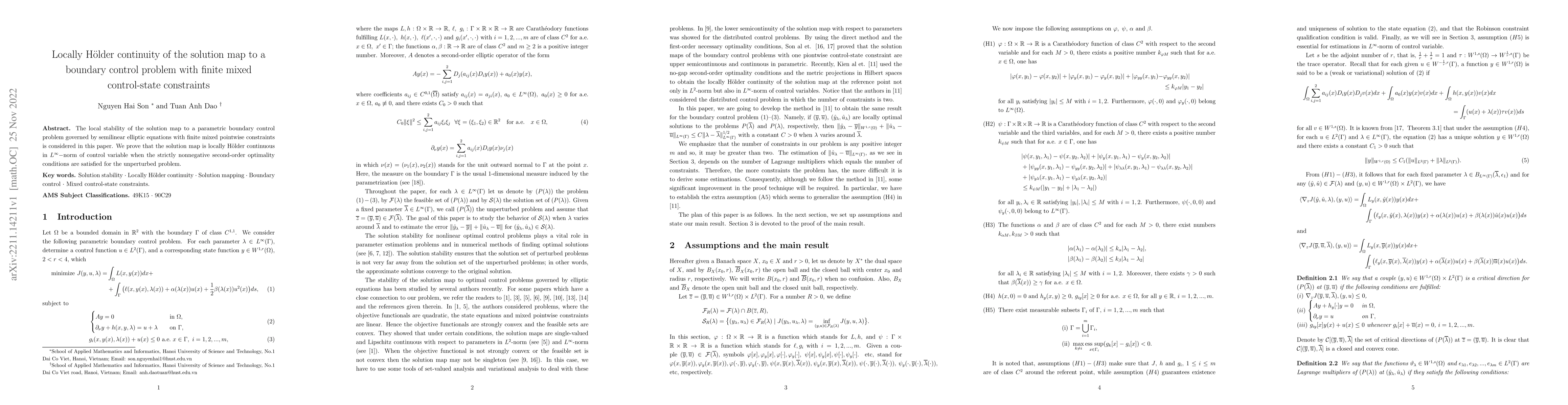 Thumbnail for Locally H\"{o}lder continuity of the solution map to a boundary control
  problem with finite mixed control-state constraints