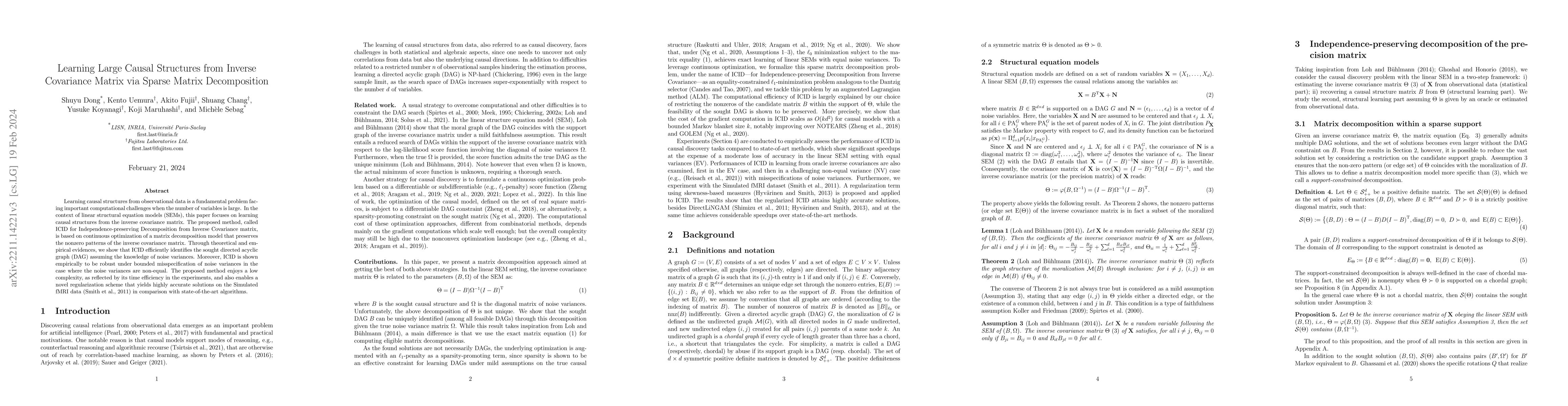 Thumbnail for Learning Large Causal Structures from Inverse Covariance Matrix via
  Sparse Matrix Decomposition