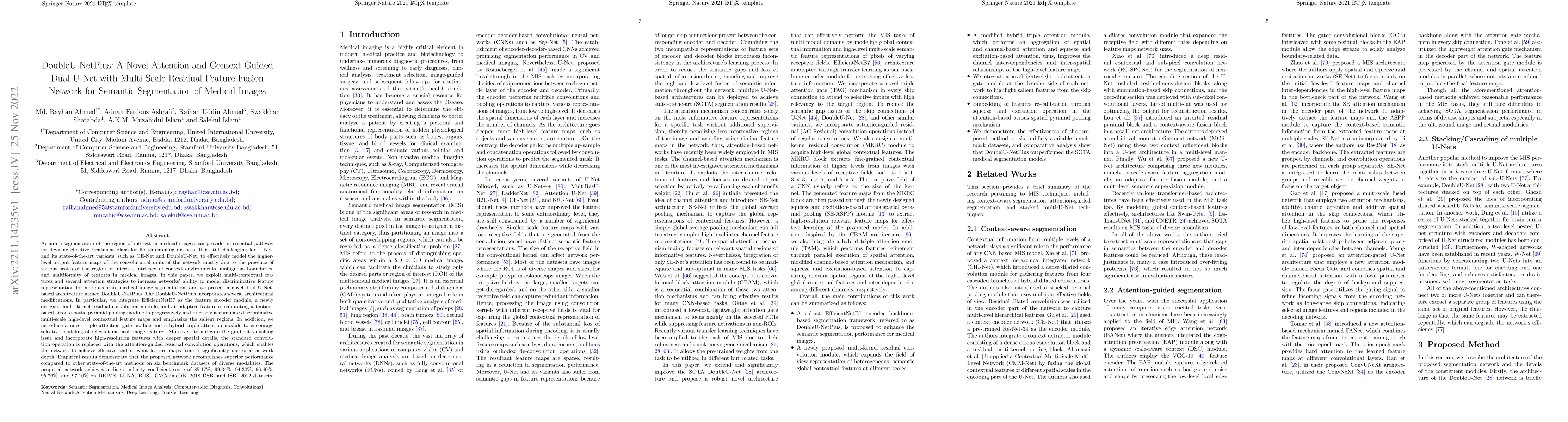 Thumbnail for DoubleU-NetPlus: A Novel Attention and Context Guided Dual U-Net with
  Multi-Scale Residual Feature Fusion Network for Semantic Segmentation of
  Medical Images