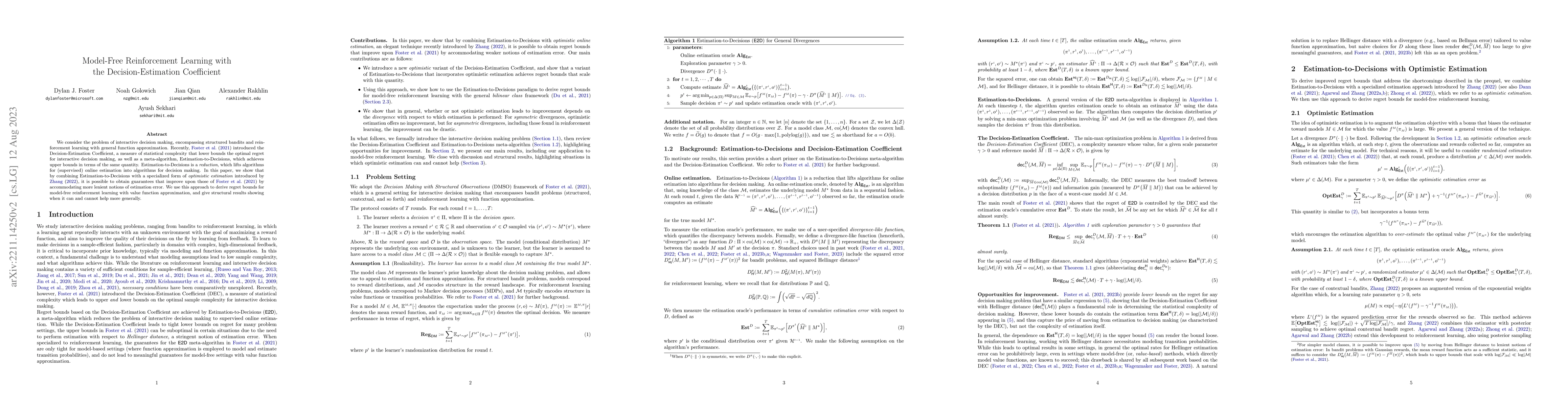 Thumbnail for Model-Free Reinforcement Learning with the Decision-Estimation
  Coefficient