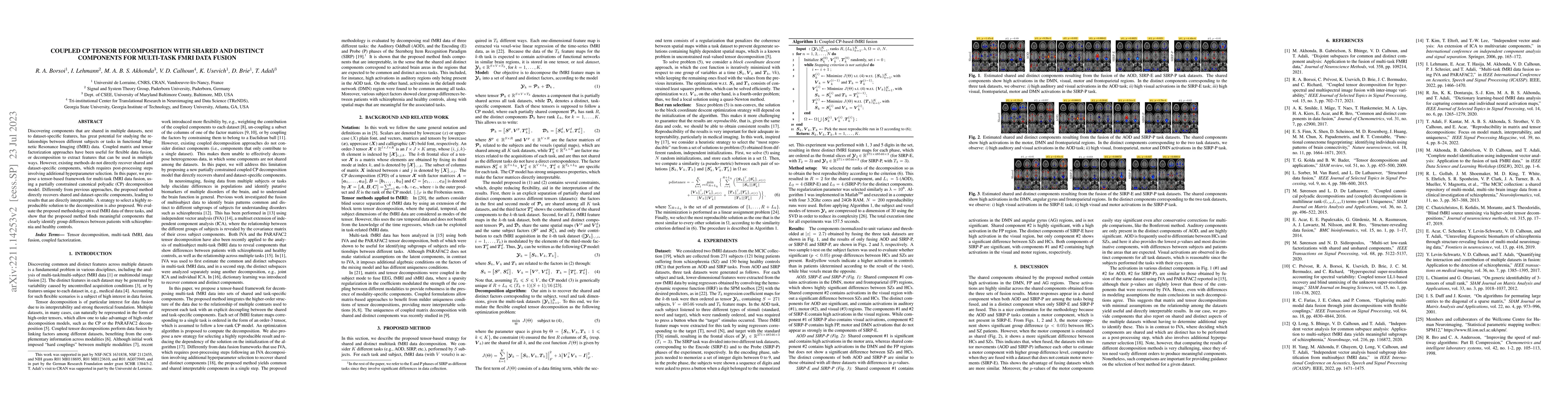 Thumbnail for Coupled CP tensor decomposition with shared and distinct components for
  multi-task fMRI data fusion