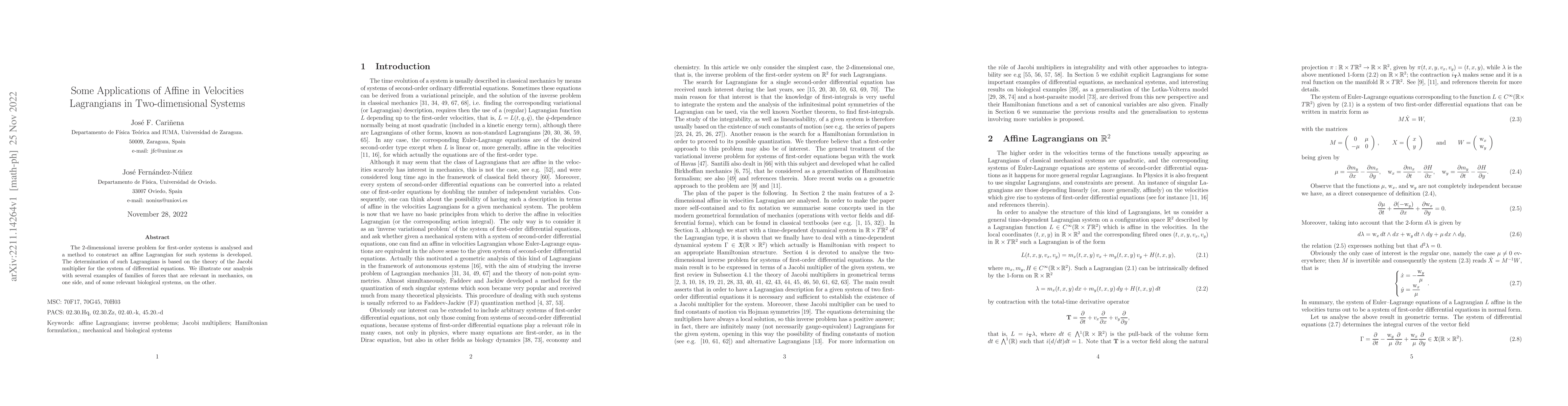 Thumbnail for Some Applications of Affine in Velocities Lagrangians in Two-dimensional
  Systems