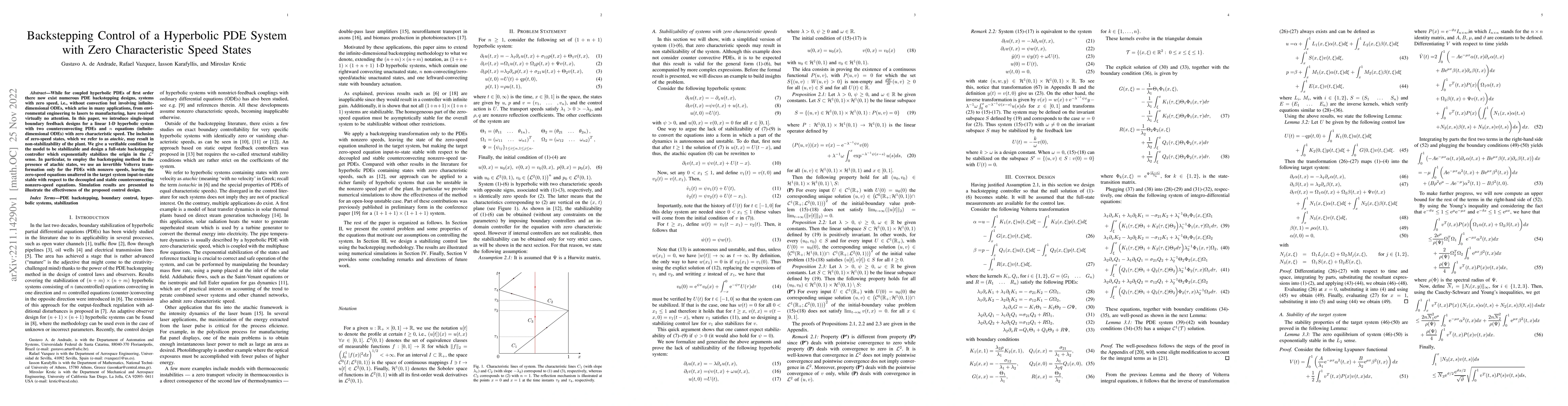 Thumbnail for Backstepping Control of a Hyperbolic PDE System with Zero Characteristic
  Speed States