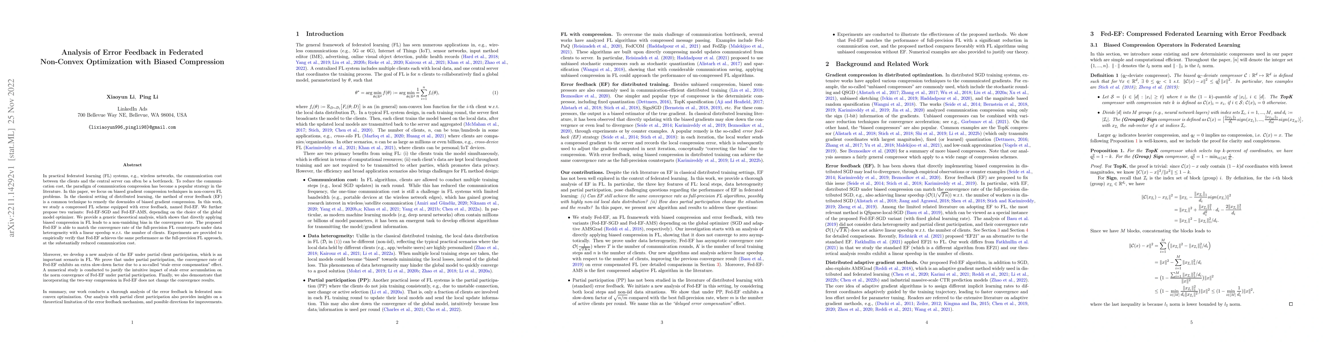 Thumbnail for Analysis of Error Feedback in Federated Non-Convex Optimization with
  Biased Compression
