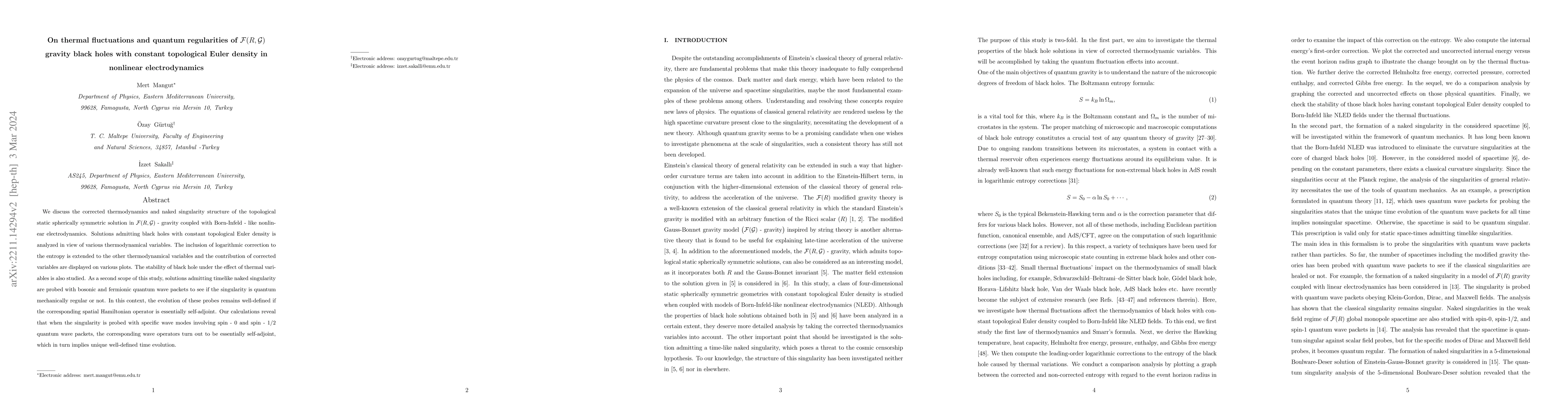 Thumbnail for On thermal fluctuations and quantum regularities of
  $\mathcal{F}(R,\mathcal{G})$ gravity black holes with constant topological
  Euler density in nonlinear electrodynamics