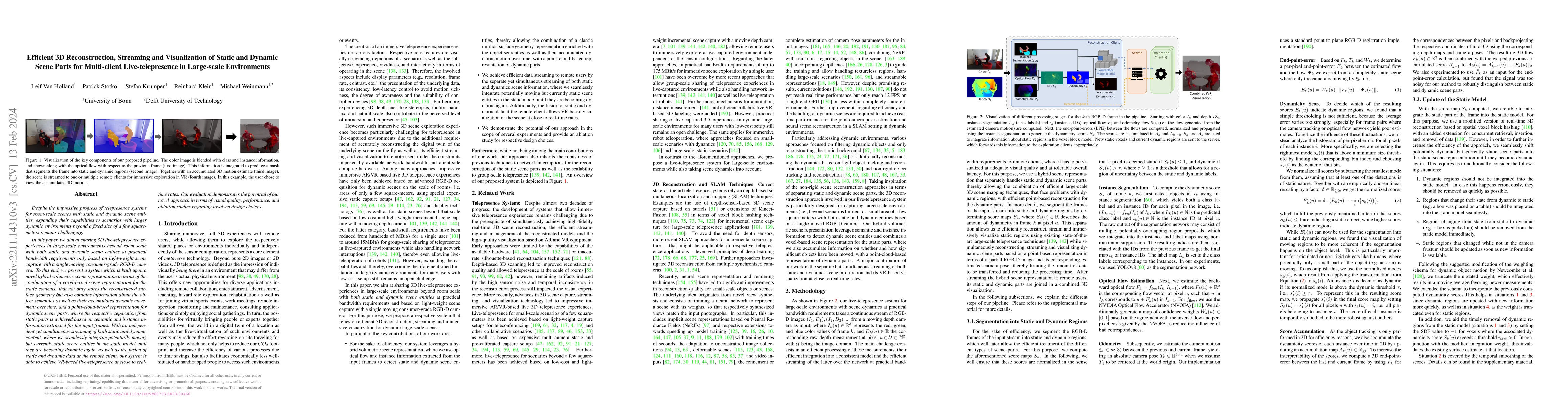 Thumbnail for Efficient 3D Reconstruction, Streaming and Visualization of Static and
  Dynamic Scene Parts for Multi-client Live-telepresence in Large-scale
  Environments
