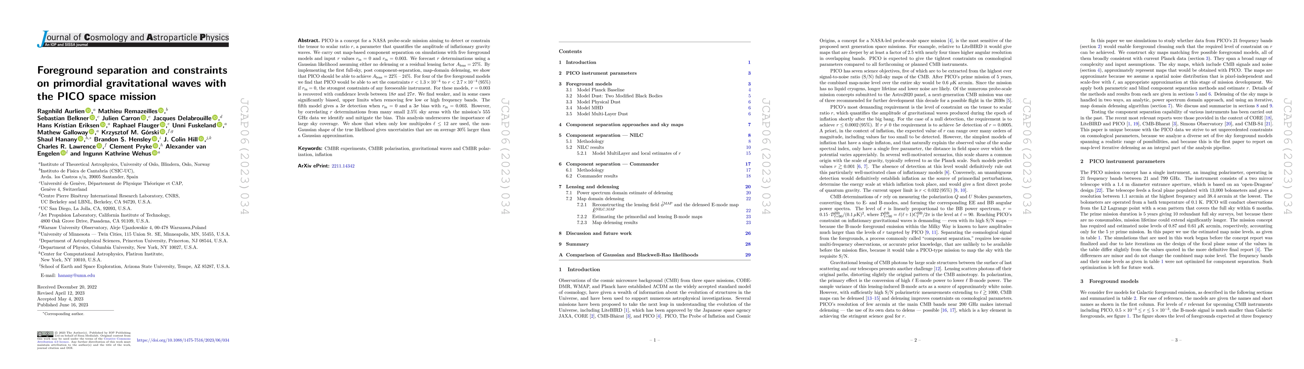 Thumbnail for Foreground Separation and Constraints on Primordial Gravitational Waves
  with the PICO Space Mission