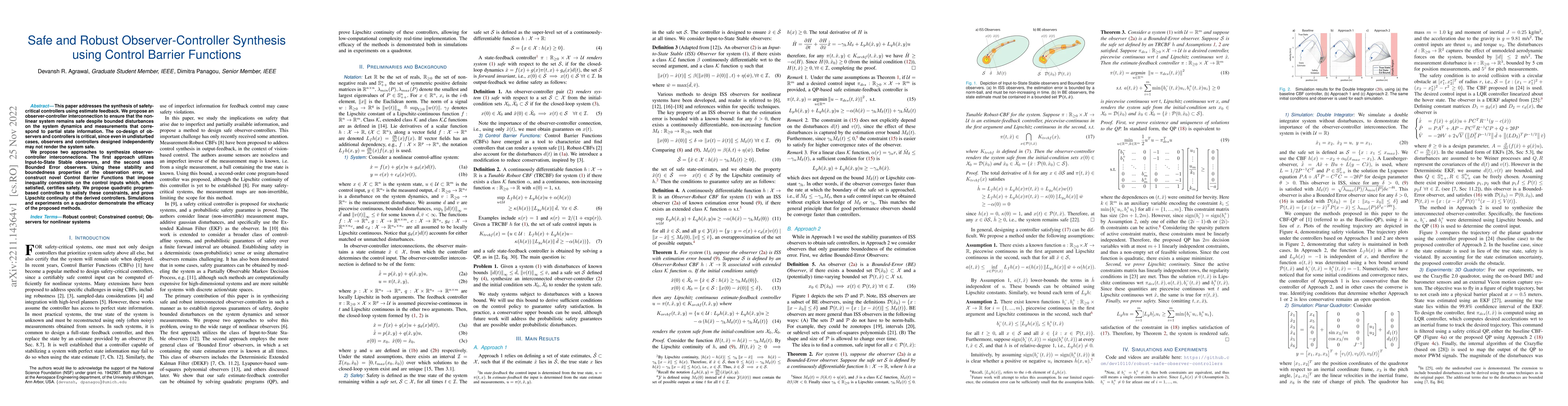 Thumbnail for Safe and Robust Observer-Controller Synthesis using Control Barrier
  Functions