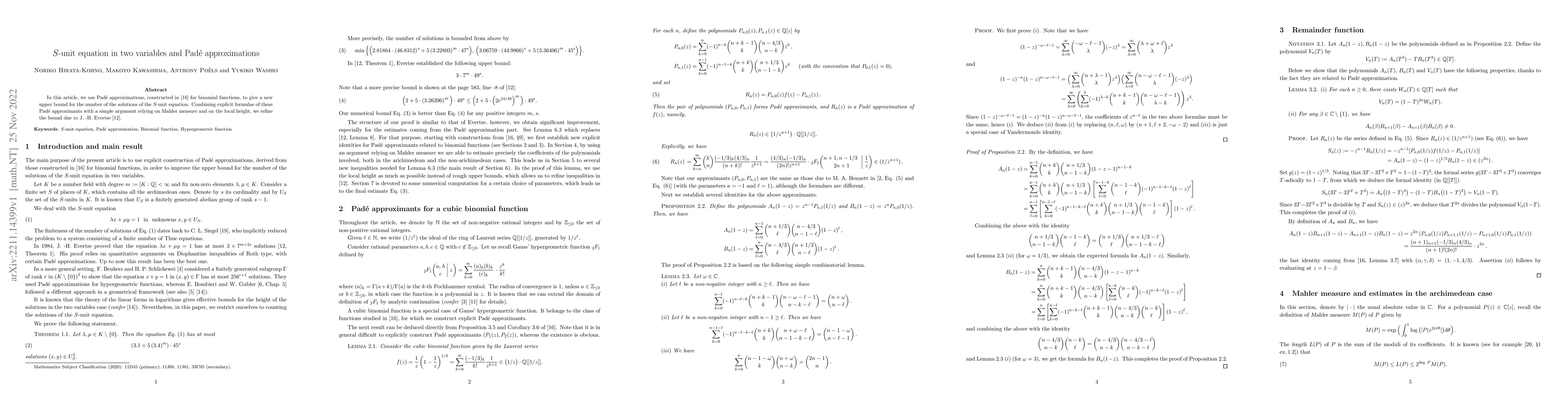 Thumbnail for $S$-unit equation in two variables and Pad\'{e} approximations