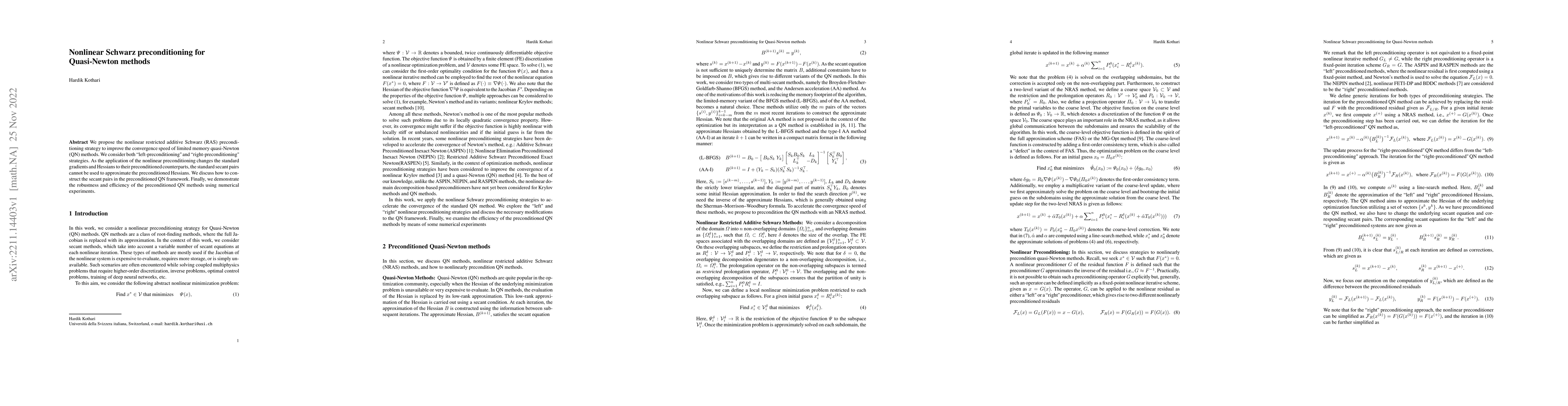 Thumbnail for Nonlinear Schwarz preconditioning for Quasi-Newton methods