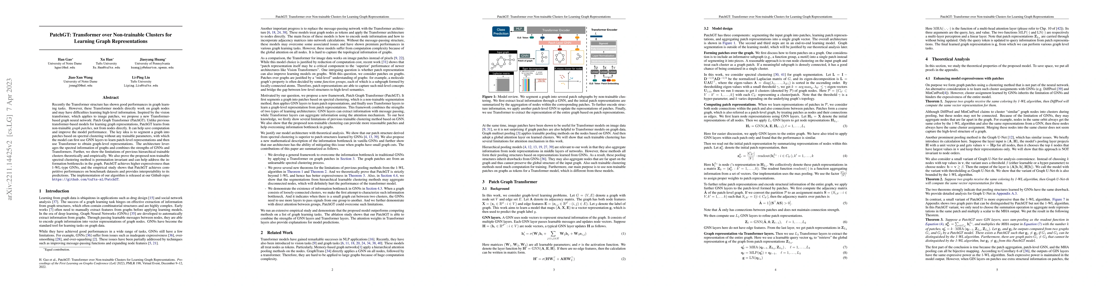 Thumbnail for PatchGT: Transformer over Non-trainable Clusters for Learning Graph
  Representations