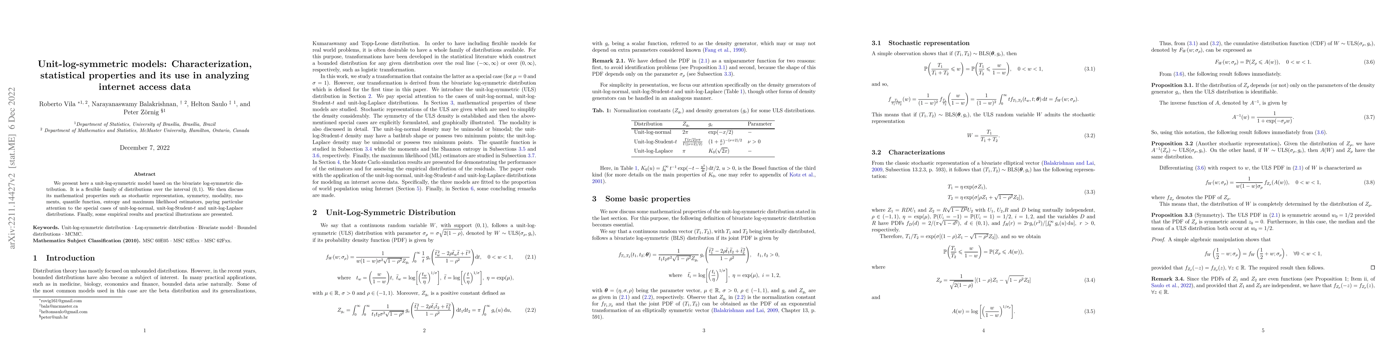 Thumbnail for Unit-log-symmetric models: Characterization, statistical properties and
  its use in analyzing internet access data