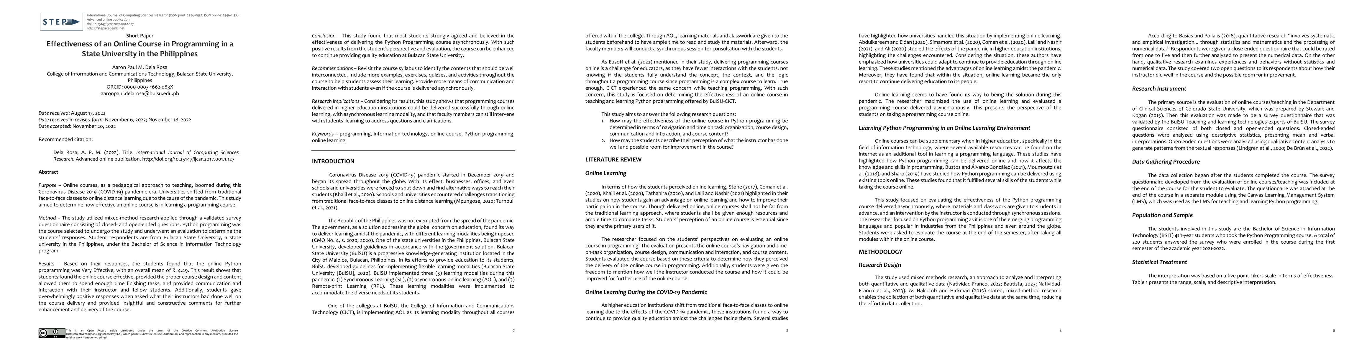Thumbnail for Effectiveness of an Online Course in Programming in a State University
  in the Philippines