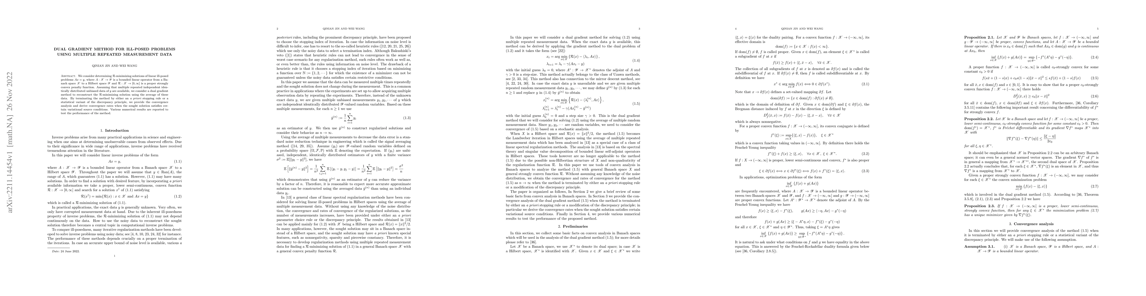 Thumbnail for Dual gradient method for ill-posed problems using multiple repeated
  measurement data