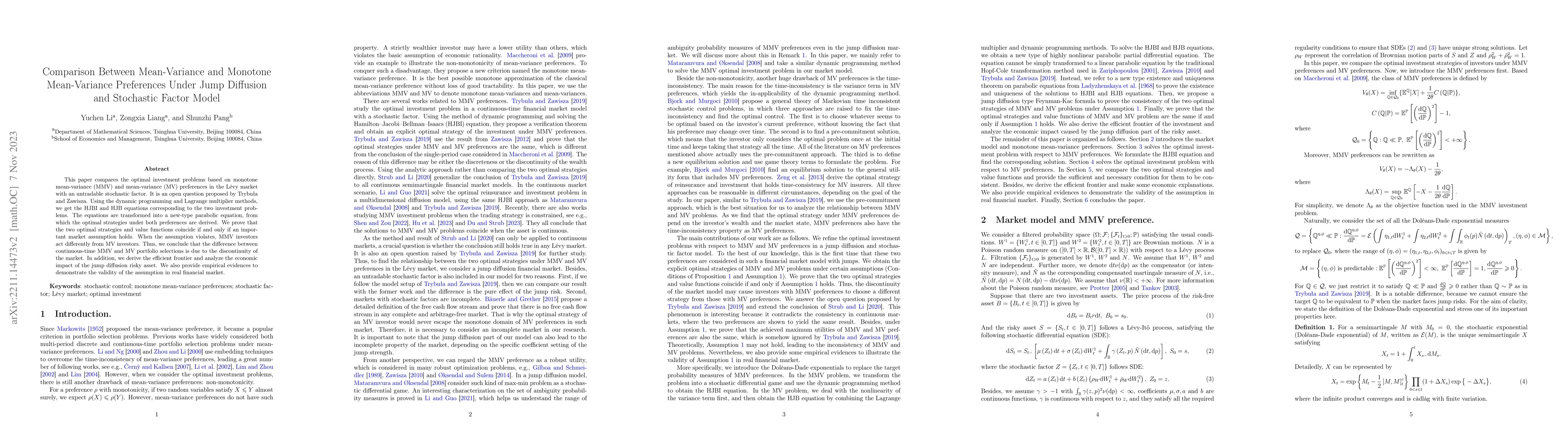 Thumbnail for Comparison Between Mean-Variance and Monotone Mean-Variance Preferences
  Under Jump Diffusion and Stochastic Factor Model