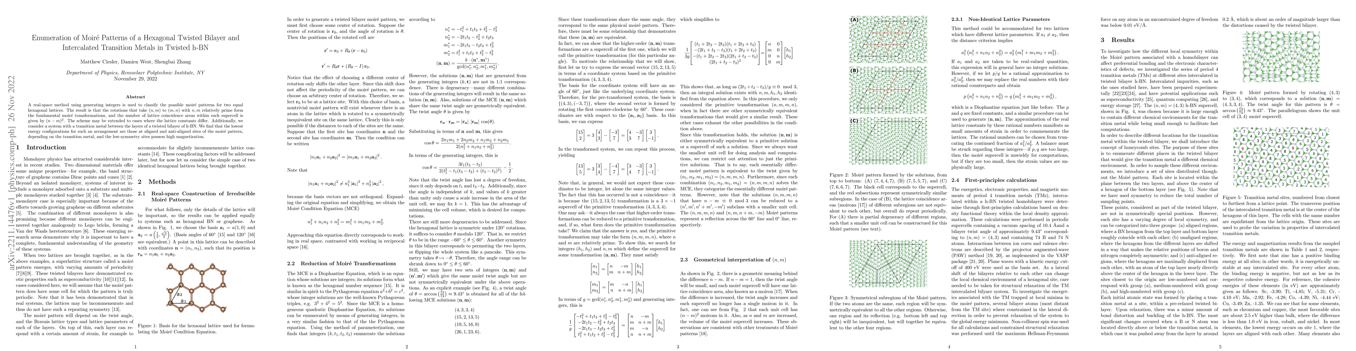 Thumbnail for Enumeration of Moire Patterns of a Hexagonal Twisted Bilayer and
  Intercalated Transition Metals in Twisted h-BN