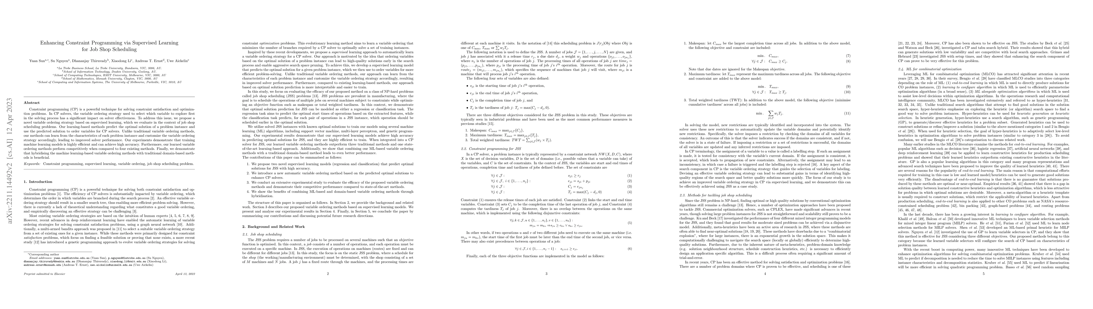 Thumbnail for Enhancing Constraint Programming via Supervised Learning for Job Shop
  Scheduling