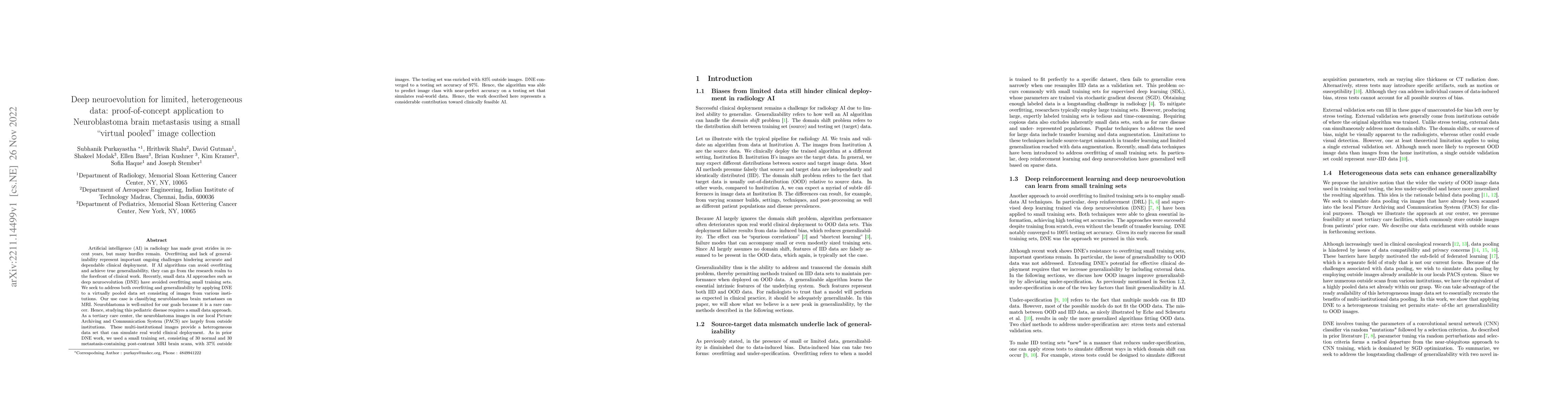Thumbnail for Deep neuroevolution for limited, heterogeneous data: proof-of-concept
  application to Neuroblastoma brain metastasis using a small virtual pooled
  image collection