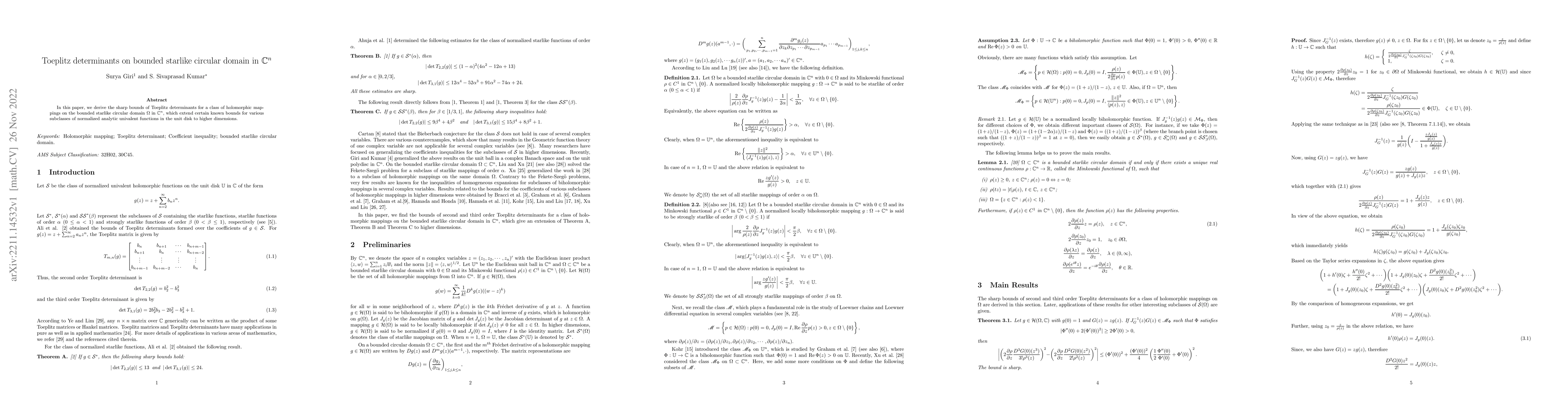 Thumbnail for Toeplitz determinants on bounded starlike circular domain in
  $\mathbb{C}^n$