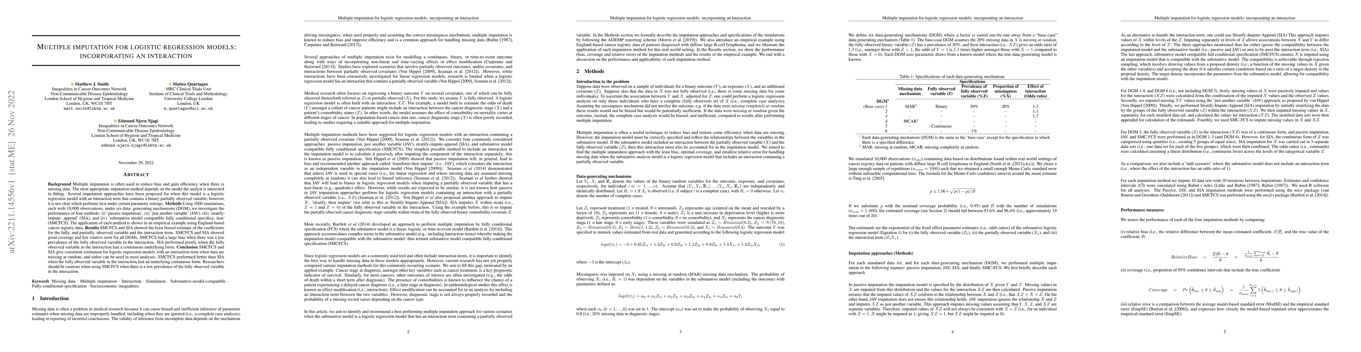 Thumbnail for Multiple imputation for logistic regression models: incorporating an
  interaction