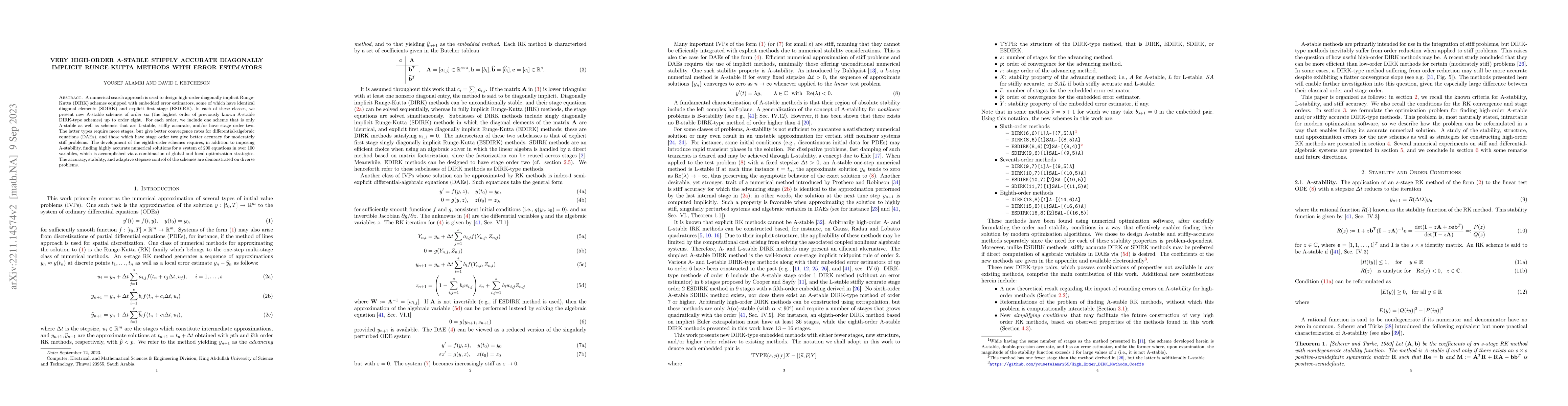 Thumbnail for Very High-Order A-stable Stiffly Accurate Diagonally Implicit
  Runge-Kutta Methods with Error Estimators