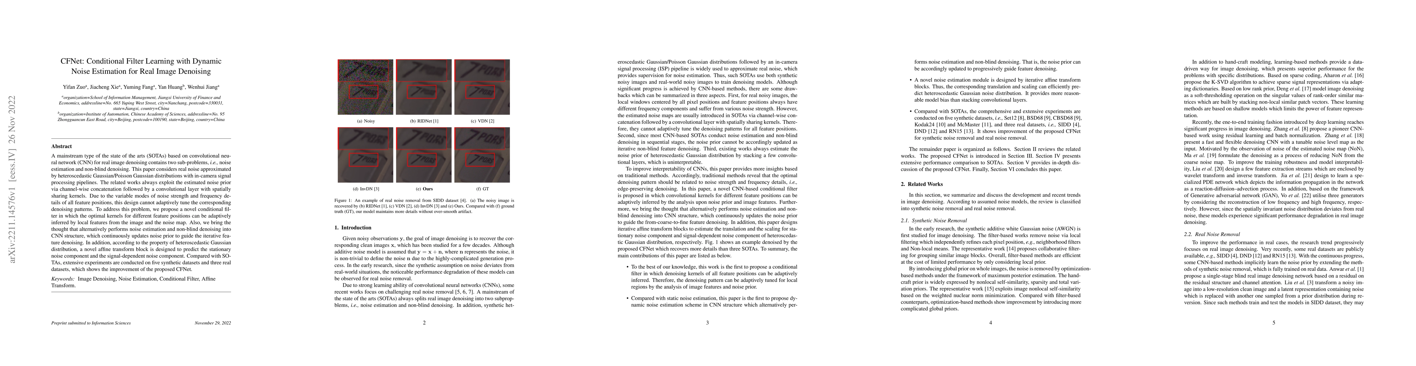 Thumbnail for CFNet: Conditional Filter Learning with Dynamic Noise Estimation for
  Real Image Denoising