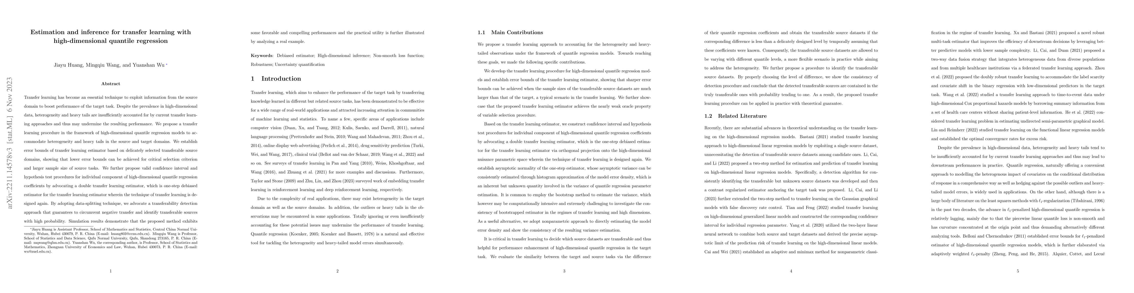 Thumbnail for Estimation and inference for transfer learning with high-dimensional
  quantile regression