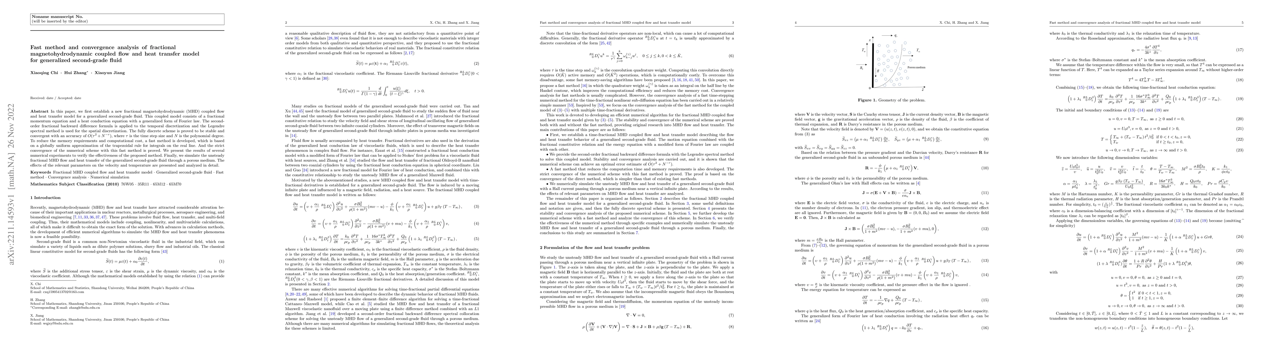 Thumbnail for Fast method and convergence analysis of fractional magnetohydrodynamic
  coupled flow and heat transfer model for generalized second-grade fluid