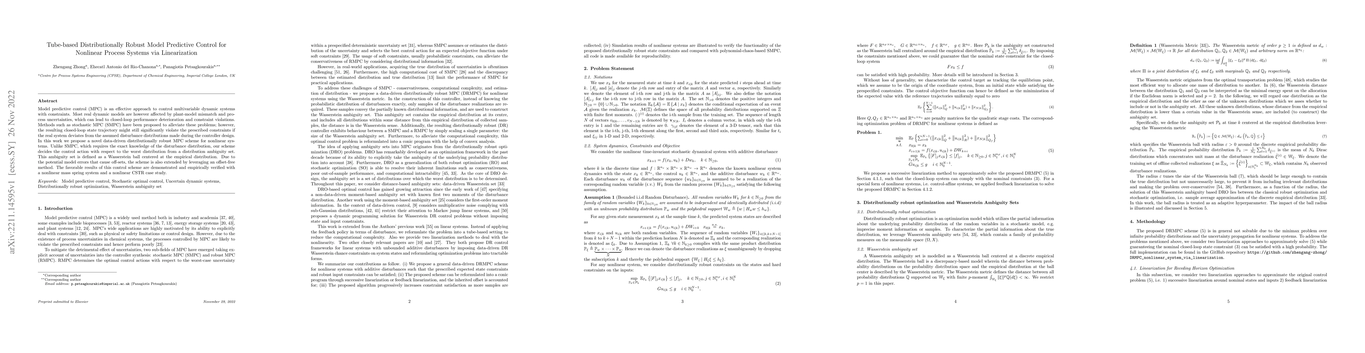 Thumbnail for Tube-based Distributionally Robust Model Predictive Control for
  Nonlinear Process Systems via Linearization