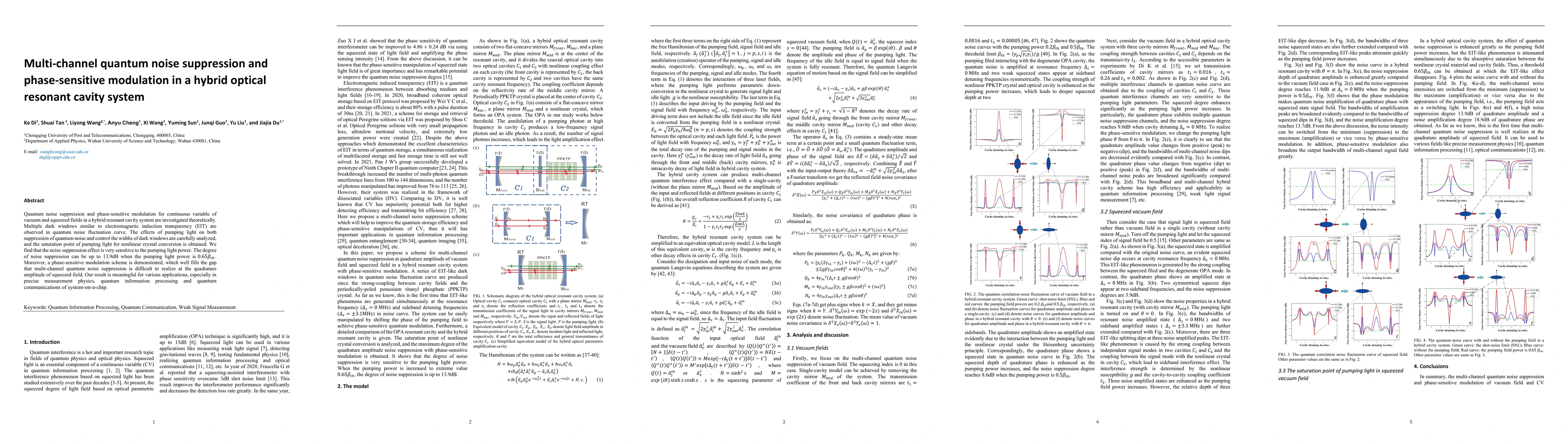 Thumbnail for Multi-channel quantum noise suppression and phase-sensitive modulation
  in a hybrid optical resonant cavity system