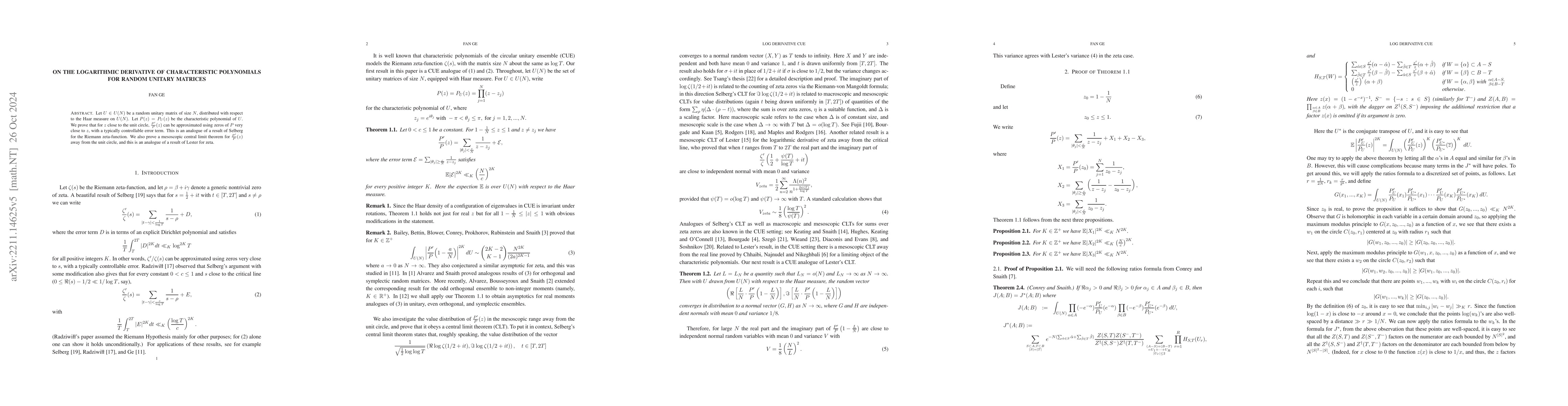 Thumbnail for On the logarithmic derivative of characteristic polynomials for random
  unitary matrices