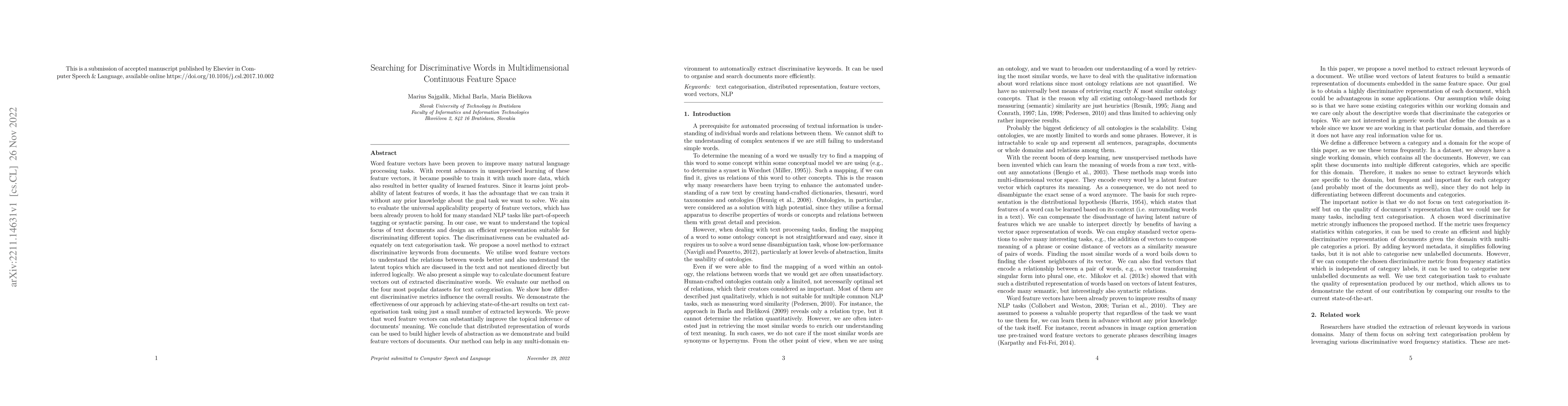 Thumbnail for Searching for Discriminative Words in Multidimensional Continuous
  Feature Space