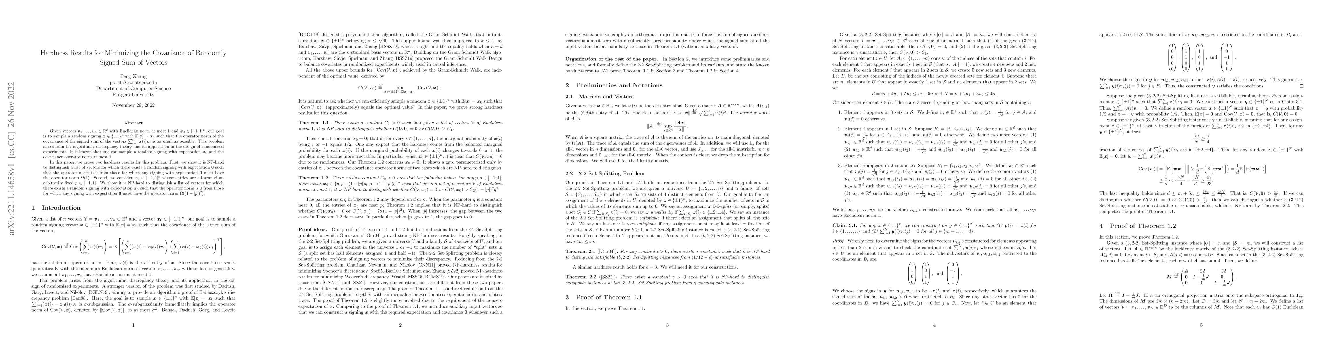 Thumbnail for Hardness Results for Minimizing the Covariance of Randomly Signed Sum of
  Vectors