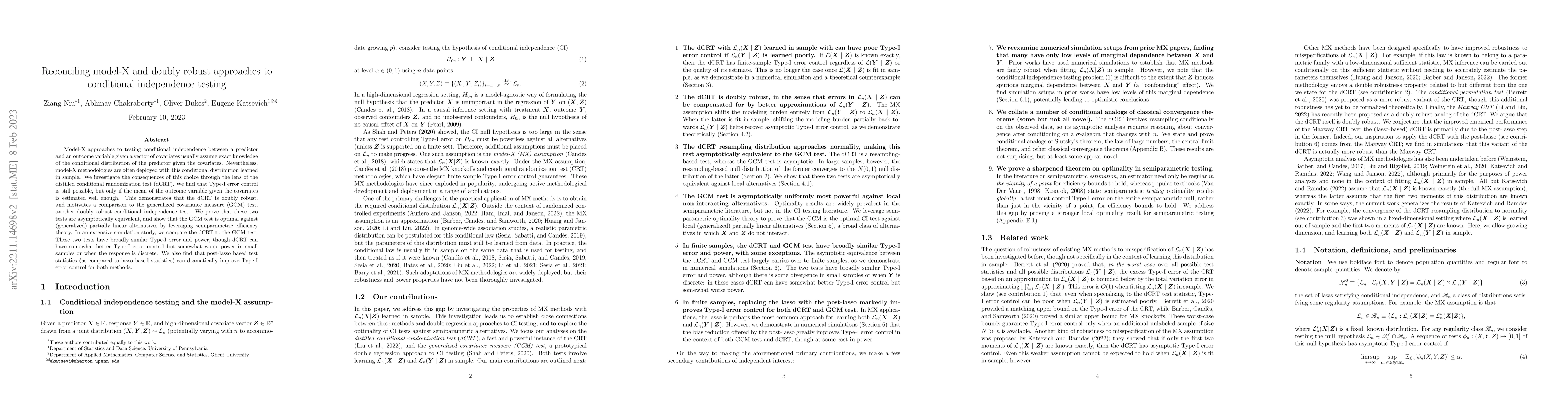 Thumbnail for Reconciling model-X and doubly robust approaches to conditional
  independence testing