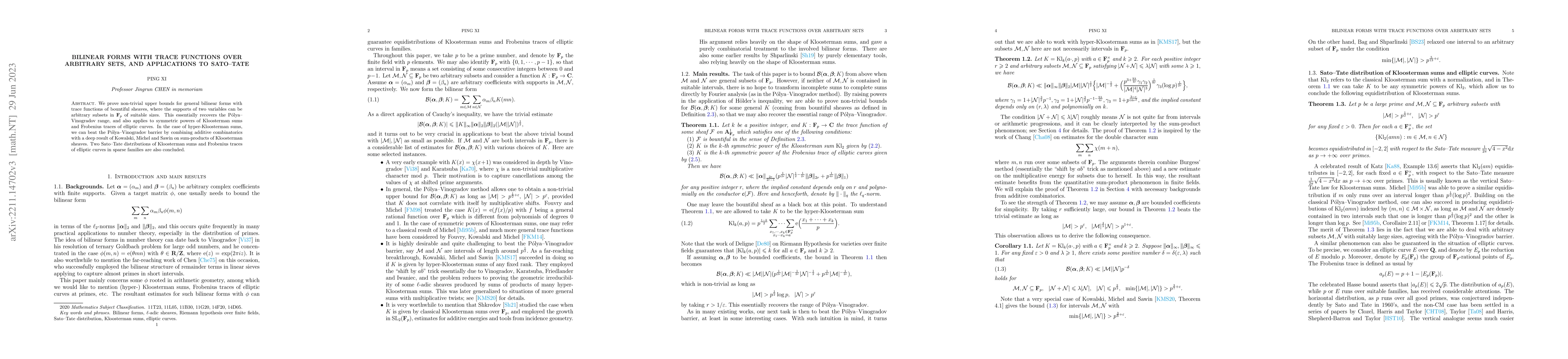 Thumbnail for Bilinear forms with trace functions over arbitrary sets, and
  applications to Sato-Tate