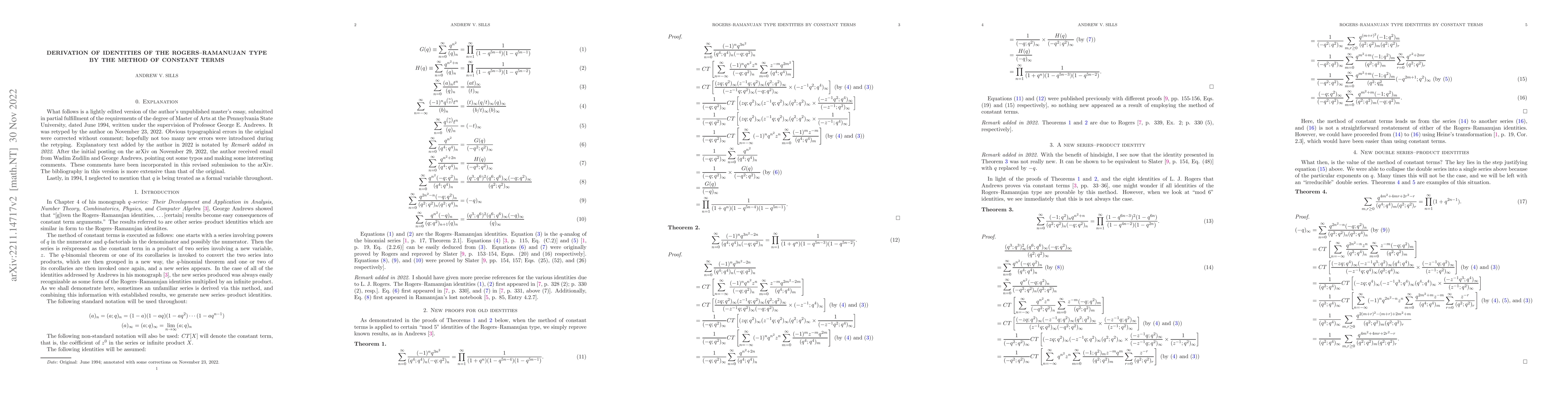 Thumbnail for Derivation of Identities of the Rogers--Ramanujan Type by the Method of
  Constant Terms