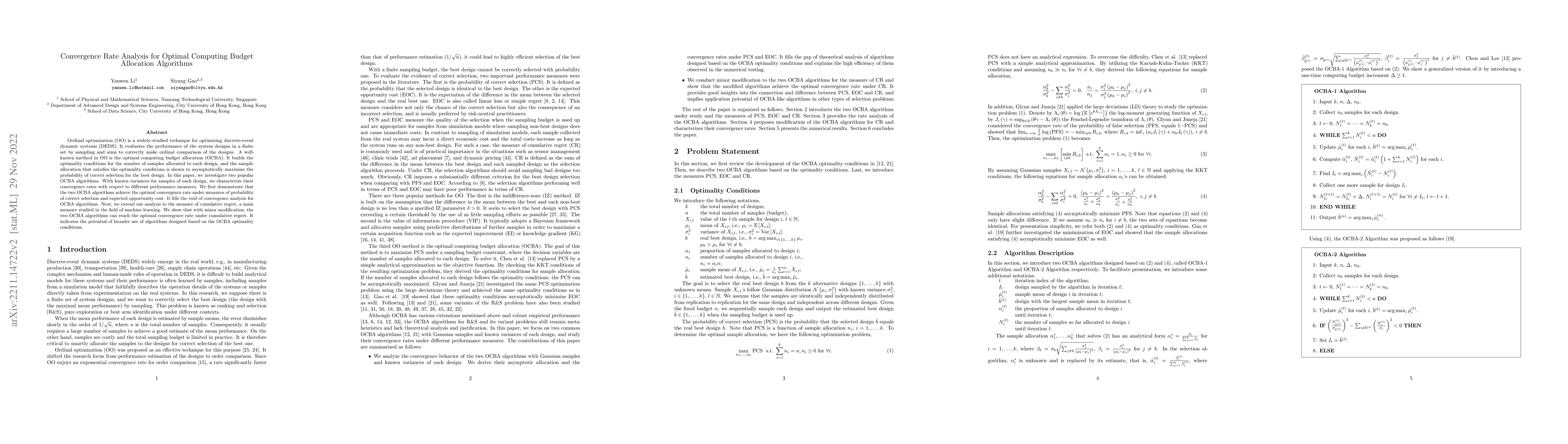 Thumbnail for Convergence Rate Analysis for Optimal Computing Budget Allocation
  Algorithms
