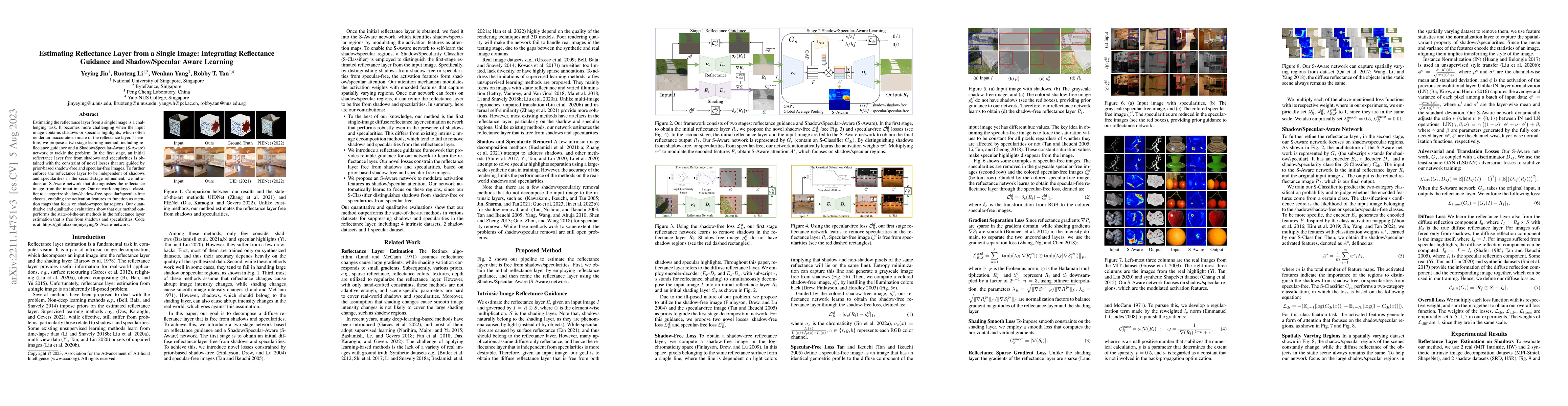 Thumbnail for Estimating Reflectance Layer from A Single Image: Integrating
  Reflectance Guidance and Shadow/Specular Aware Learning
