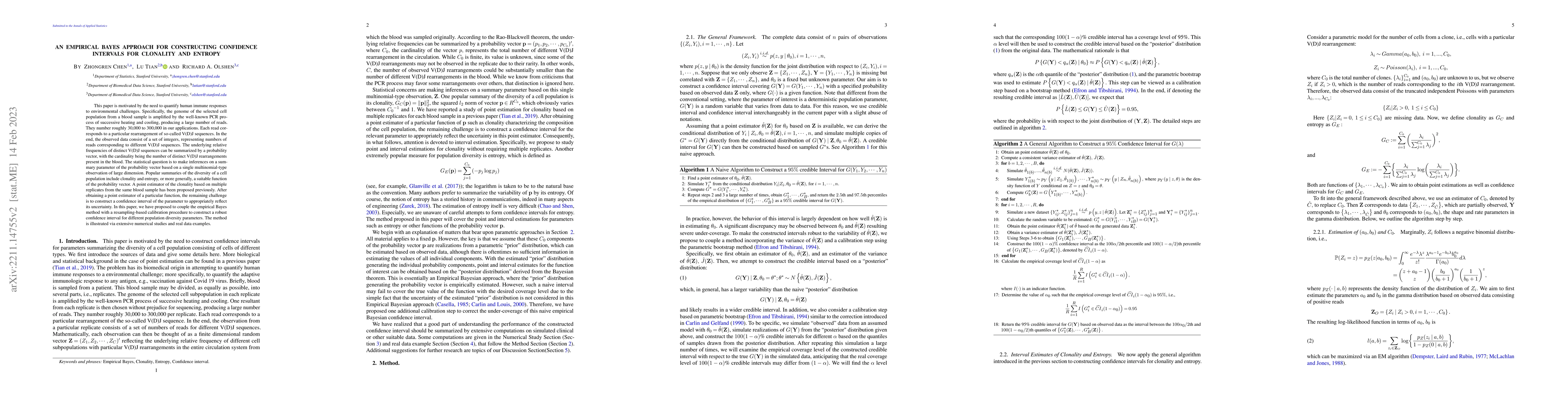 Thumbnail for An Empirical Bayes Approach for Constructing the Confidence Intervals of
  Clonality and Entropy