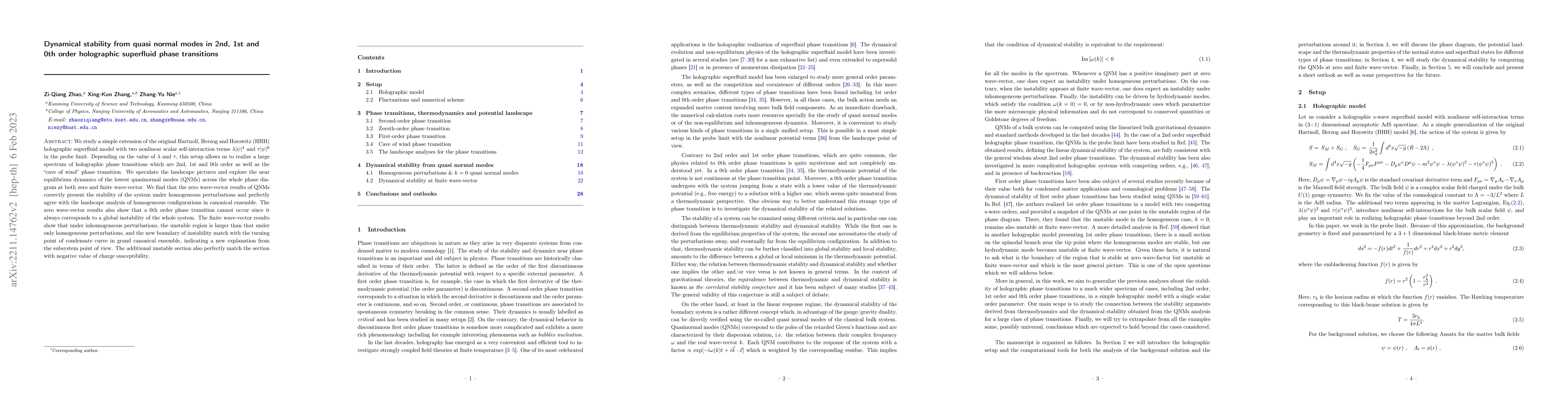 Thumbnail for Dynamical stability from quasi normal modes in 2nd, 1st and 0th order
  holographic superfluid phase transitions