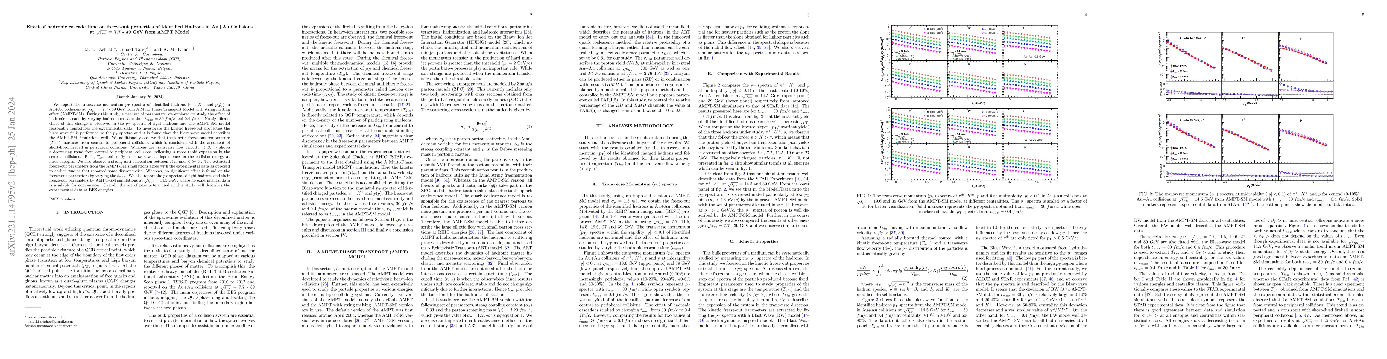 Thumbnail for Effect of hadronic cascade time on freeze-out properties of Identified
  Hadrons in Au+Au Collisions at $\sqrt{s_{NN}}$ = 7.7-39 GeV from AMPT Model
