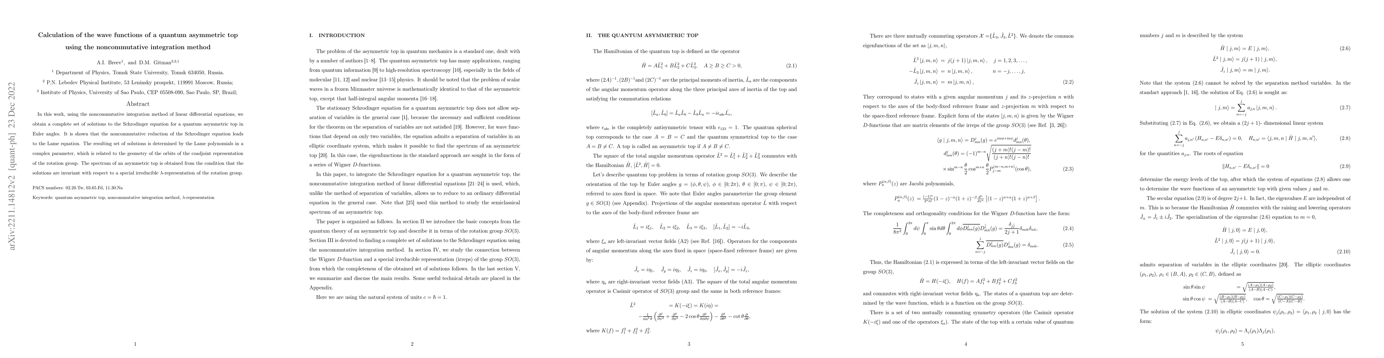 Thumbnail for Calculation of the wave functions of a quantum asymmetric top using the
  noncommutative integration method