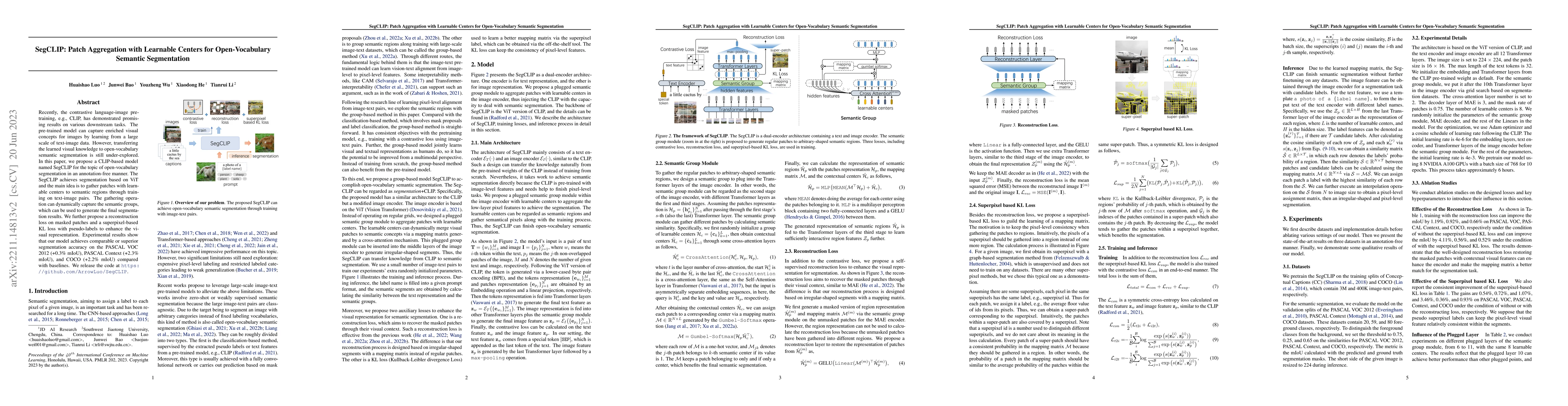 Thumbnail for SegCLIP: Patch Aggregation with Learnable Centers for Open-Vocabulary
  Semantic Segmentation