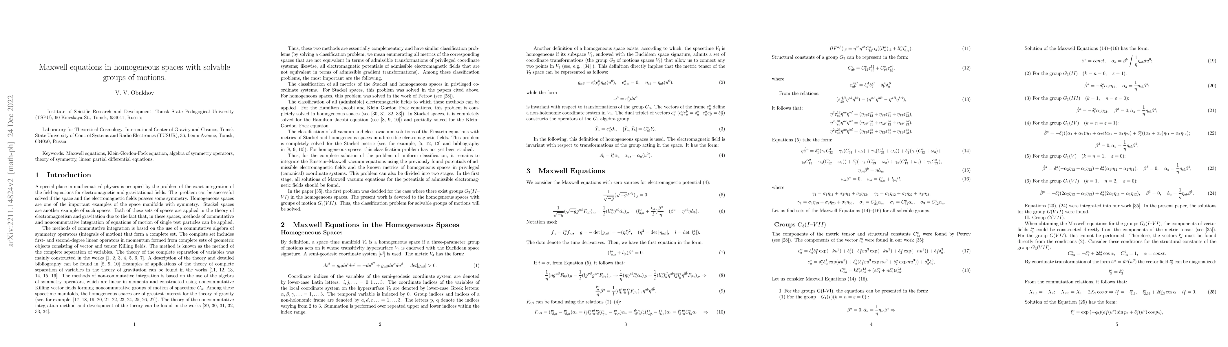 Thumbnail for Maxwell equations in homogeneous spaces with solvable groups of motions
