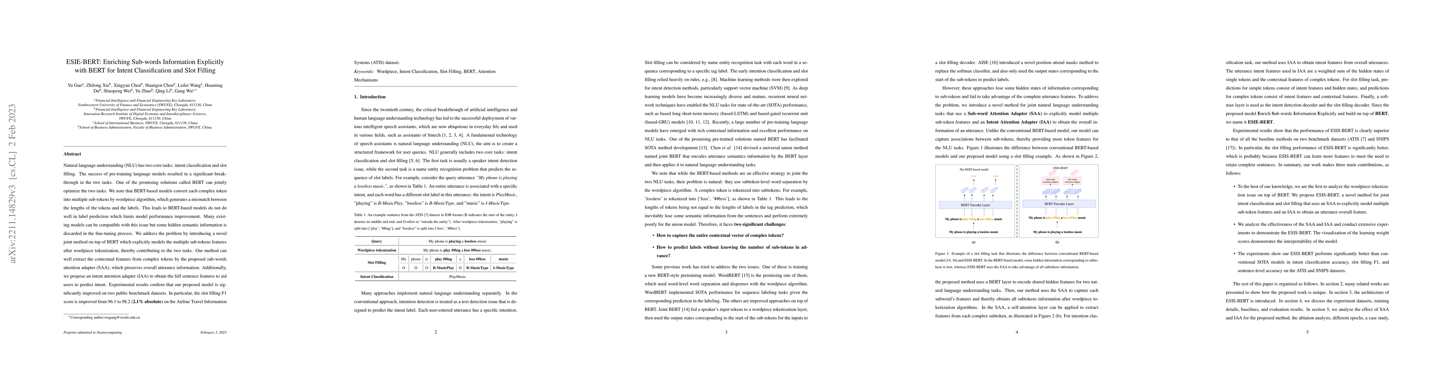 Thumbnail for ESIE-BERT: Enriching Sub-words Information Explicitly with BERT for
  Joint Intent Classification and SlotFilling